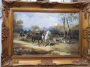 Obraz olejny na płótnie w ramie. Polowanie na koniach 115,5-85 cm