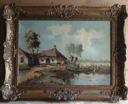  Okazały Obraz Olejny – J. DIJKSTRA – Pejzaż Holenderski w Złotej Ramie 