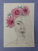 Akwarelowy portret kobiety z mięśniami twarzy i kwiatami na głowie