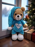 Miś w piżamce, wykonany na szydełku, 32 cm z metryczką lub imiennikiem!