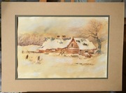 -akwarela 21x30 cm + paspartu chatka zimą 