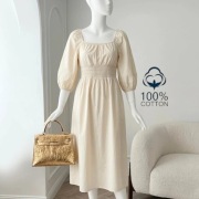 Śmietankowa sukienka bawełniana Marks & Spencer z metką bufiaste rękawy 