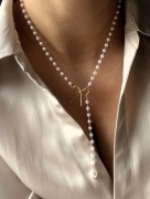 Białe KORALE koraliki ZŁOTY NASZYJNIK długi wisiorek kokarda stal 