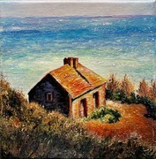 Dom nad morzem obraz akrylowy ręcznie malowany.