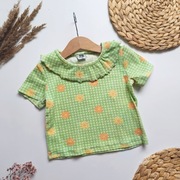 Koszulka tshirt 110 zielona w kwiaty kwiatki flora retro z kołnierzykiem 