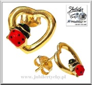 Złote kolczyki serduszka złoto biedronka emalia  