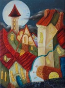 Obraz olejny surrealizm kubizm "Miasto pod pełnią'' A.Groński BCM