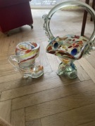 But szklany i koszyk szklany z PRL - kolorowe szkło 