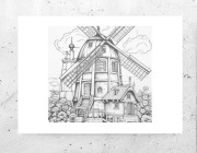 biało czarny plakat z wiatrakiem, Holandia plakat A4, młyn obrazek 21x30