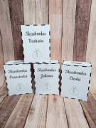 Personalizowana skarbonka, biała MDF, pamiątka.