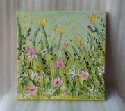 KOLOROWA ŁĄKA obraz olejny ręcznie malowany abstrakcja 30 x 30 cm wiosna