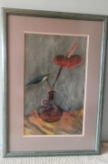 Obraz martwa natura – czerwony kwiat w wazonie, oprawiony, sygnowany