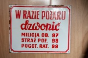 Oryginalna tabliczka PRL „W razie pożaru dzwonić” – emalia, gruba blacha
