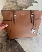 Skórzana brązowa shopperka Jet Set Michael Kors duża złote Logo 38/26cm