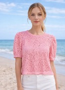 Różowa koronkowa damska bluzka na krótki rękaw elegancka Roz M