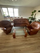 Komplet wypoczynkowy skórzany Kanapa + 2 Fotele+ Stolik, Brąz Sofa