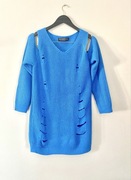 Sweter damski niebieski z wycięciami i dziurami, rozmiar uniwersalny