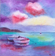 Obraz na płótnie. Morze, Łódki. Akryl. 25x25cm