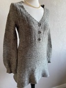 Szary długi sweter damski v neck sukienka sweterkowa mohair jesień