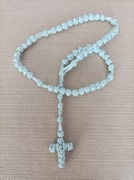 Różaniec ze sznurka satynowego błękitny, różyczki, na prezent