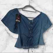 Nowa włoska hiszpanka cienki jeans wiązanie, taliowana r. uni XS/S/ mała M