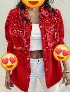 Niesamowita koszula jeansowa czerwona S cyrkonie perełki cudo 