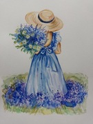 Obrazek z dziewczynką z filetowymi kwiatami - akwarela 