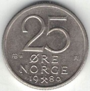 Norwegia 25 ore 1980 AB* - 17 mm - gwiazdka - nr 1