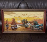 Piękny stary duży obraz haftowany gobelin vintage