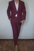 Bordowy letni garnitur Mango Man100% Len Slim Fit Rozmiar 50 180/100/80