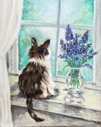 Obraz olejny 40x50, oryginalny W oczekiwaniu na wiosnę Kot,lawenda światło