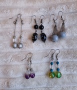 Zestaw 5 par kolczyków kolorowe zwisające fiolet zielony szary czarny