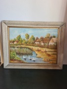 Piękny duży obraz sielski widok gęsi na wodzie, wiejskie chaty E. Bareja