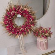 Wianek i box komplet rośliny suszone różowy i beżowy