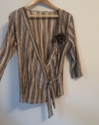 elegancka bluzka vintage brązowa w paski z dekoltem różyczka Mia Moda XL 42