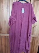 Lniana oversizowa sukienka z rękawem 3/4 z kieszeniami r. 48-52