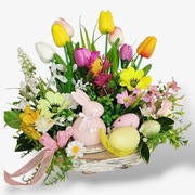 Stroik wiosenny na stół Wielkanoc kwiaty zajączek prezent ozdoba 33 cm