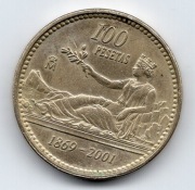 100 peset, 2001r. 132-lecie hiszpańskiej pesety. Hiszpania. Moneta obiegowa
