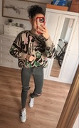Sweter damski zebra beżowy kwiaty wzory oversize TU S M L XL