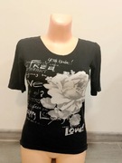 Bluzka, czarna z białymi napisami, top z krótkim rękawem