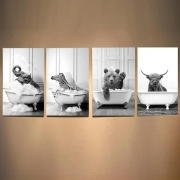 Obrazy Zwierzęta w Łazience 4-panele 50x70 cm – Pingwiny, Żyrafy, Słonie