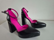 Szpilki, czółenka na słupku,czarne,róż, Bershka 37