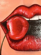 Obraz Akrylowy "Smak Namiętności" 30x24cm Czerwone usta kobiety z wiśnią