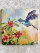 Obraz na płótnie Koliber i kwiaty malowany akrylem 20x20 cm Prezent