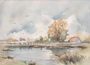 Obraz akwarelowy - pejzaż jesienny  31 cm x 23 cm + 0,5 cm margines