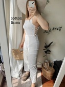 Biały bawełniany kombinezon długi z lnem wiązaniem letni na ramiączkach