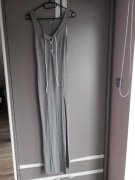 Długa szara sukienka na ramiączkach z rozcięciem ze sznurkami XS/S