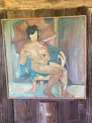 Akt z parasolem, olej na płótnie .