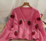 Sweter 3D truskawki kwiaty różowy neon