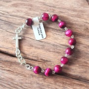 Bransoletka TYGRYSIE OKO FUKSJA Z Krzyżem z zapięciem Metalowy łańcuszek 